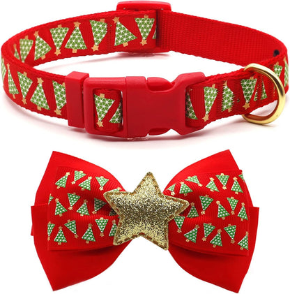 Festive Green Tree Adjustable Dog Collar with Bow Tie - Perfect for Medium Dogs This Christmas!