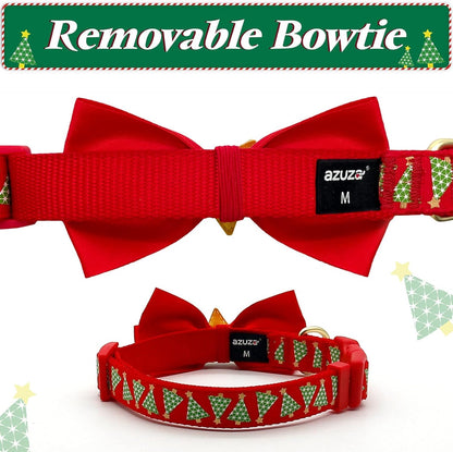 Festive Green Tree Adjustable Dog Collar with Bow Tie - Perfect for Medium Dogs This Christmas!